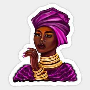 Queen Black is beautiful iii black girl with Gold bangles, neck ring necklace, purple dress and head wrap, brown eyes and dark brown skin ! Sticker